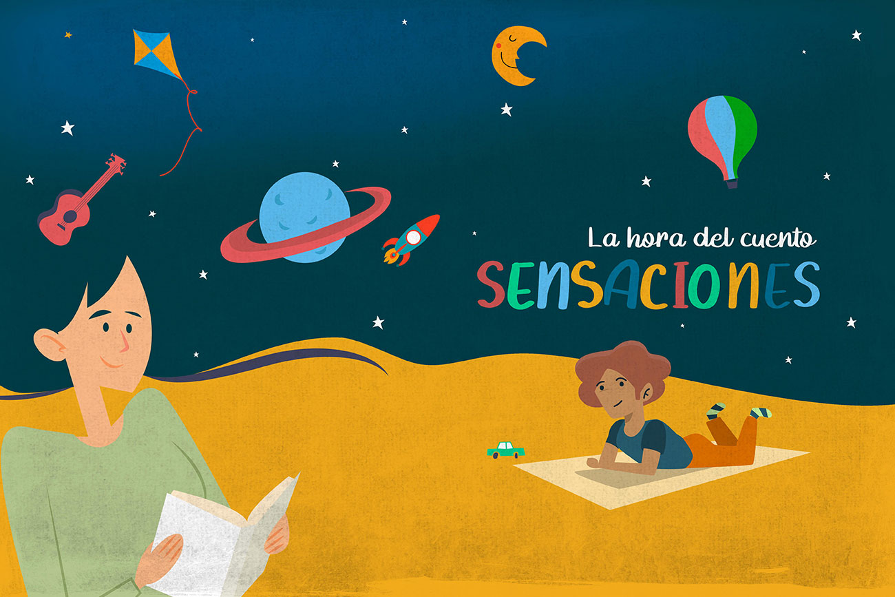 Dibujo de mujer leyendo un cuento a un niño